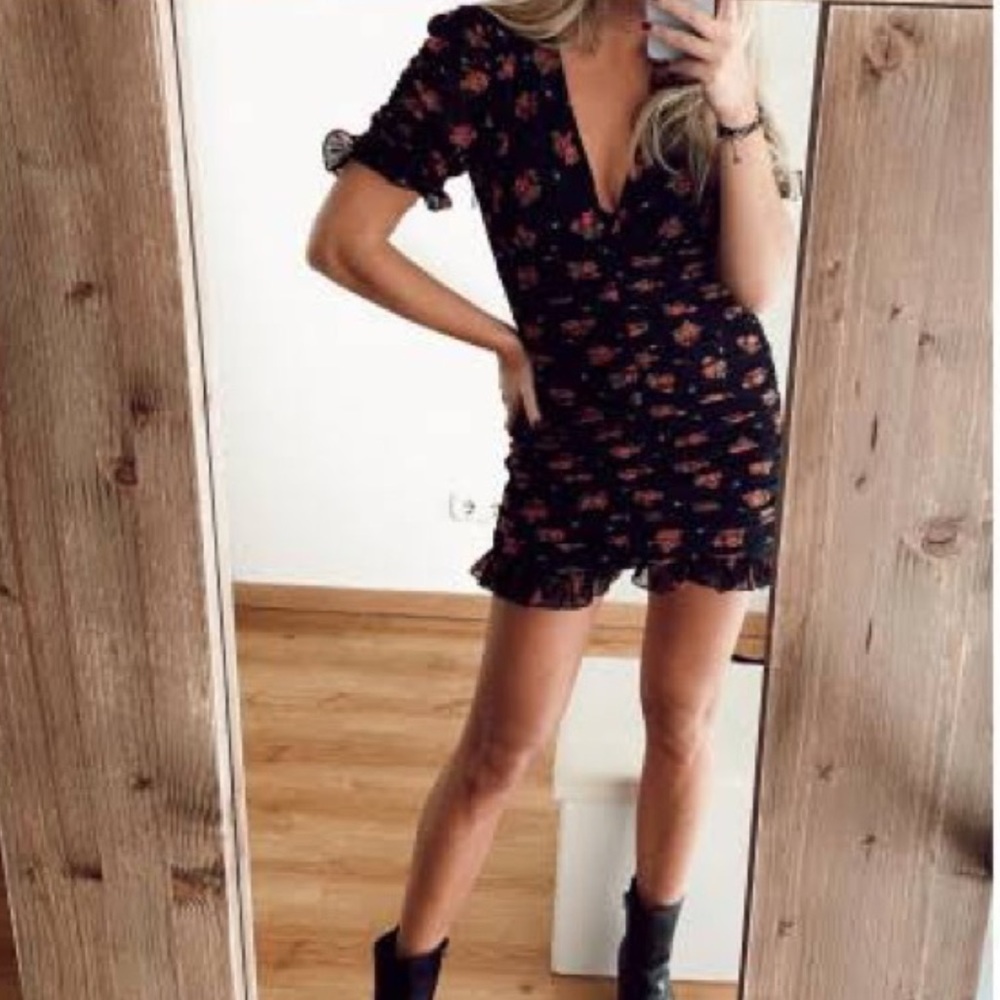 Zara Floral Ruched Mini Dress Mesh Ruffle Plunge V-Neck Puff Sleeve Black S - Picture 4 of 10